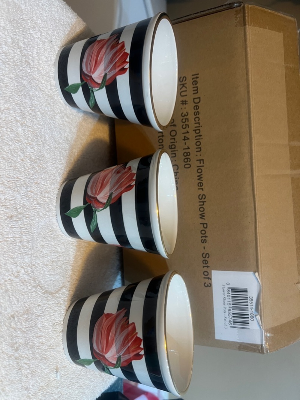 McKenzie Child’s Striped Floral Ceramic Planter Trio with Gold Rim